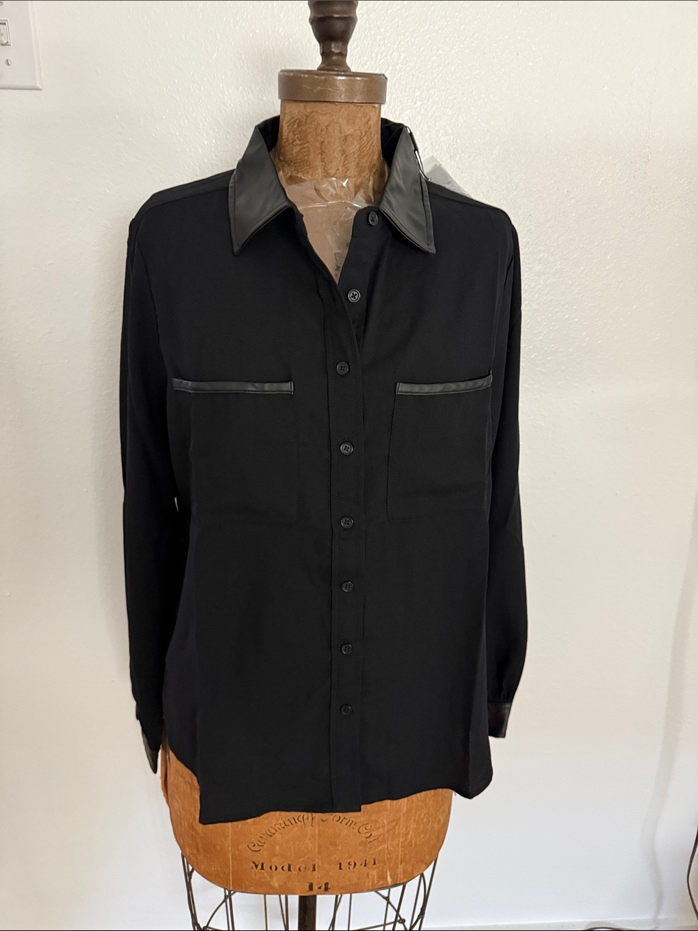 NWT Women’s Black Button-Up Shirt with faux Leather Trim Size L